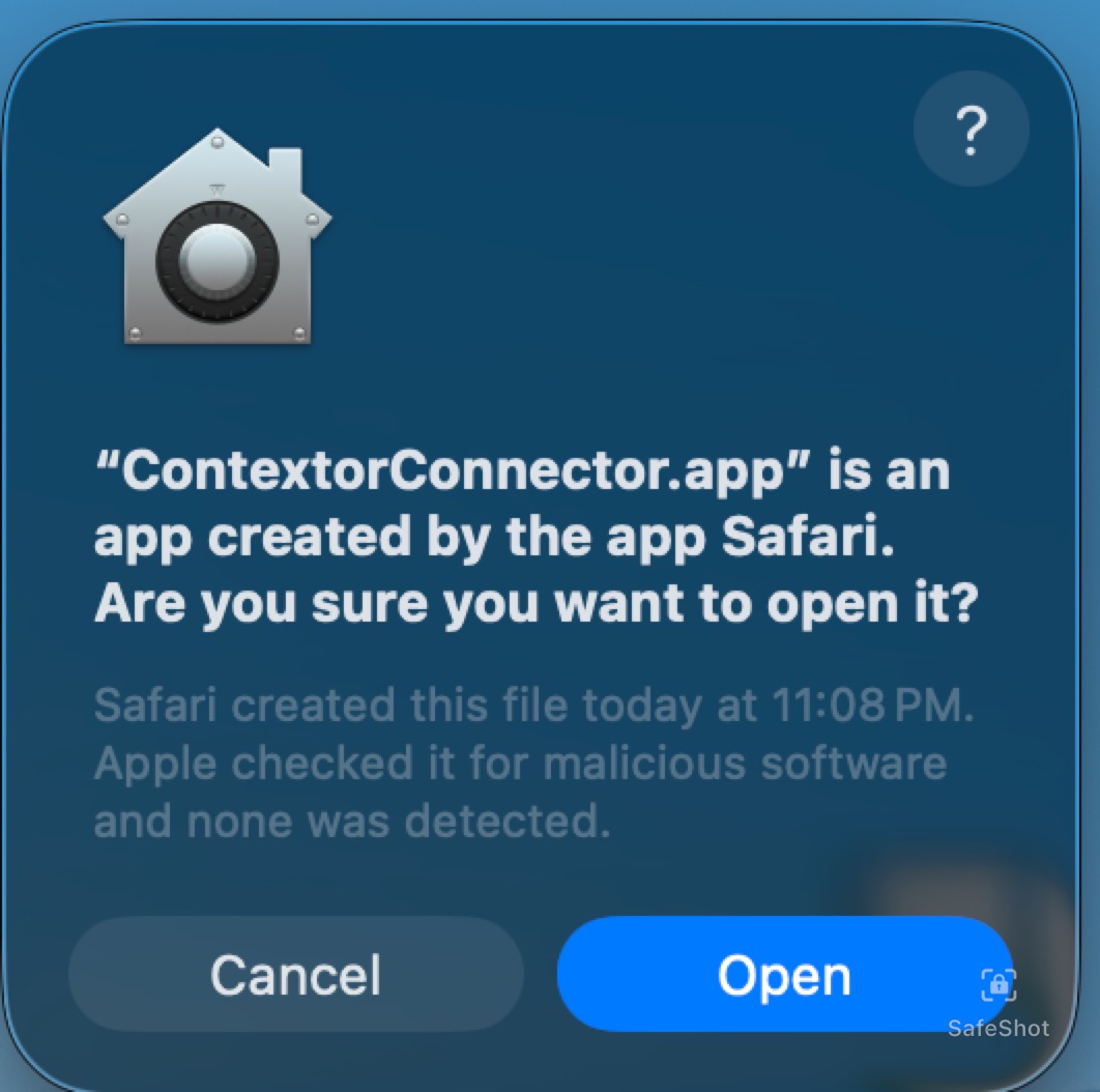 macOS security dialog — click Open