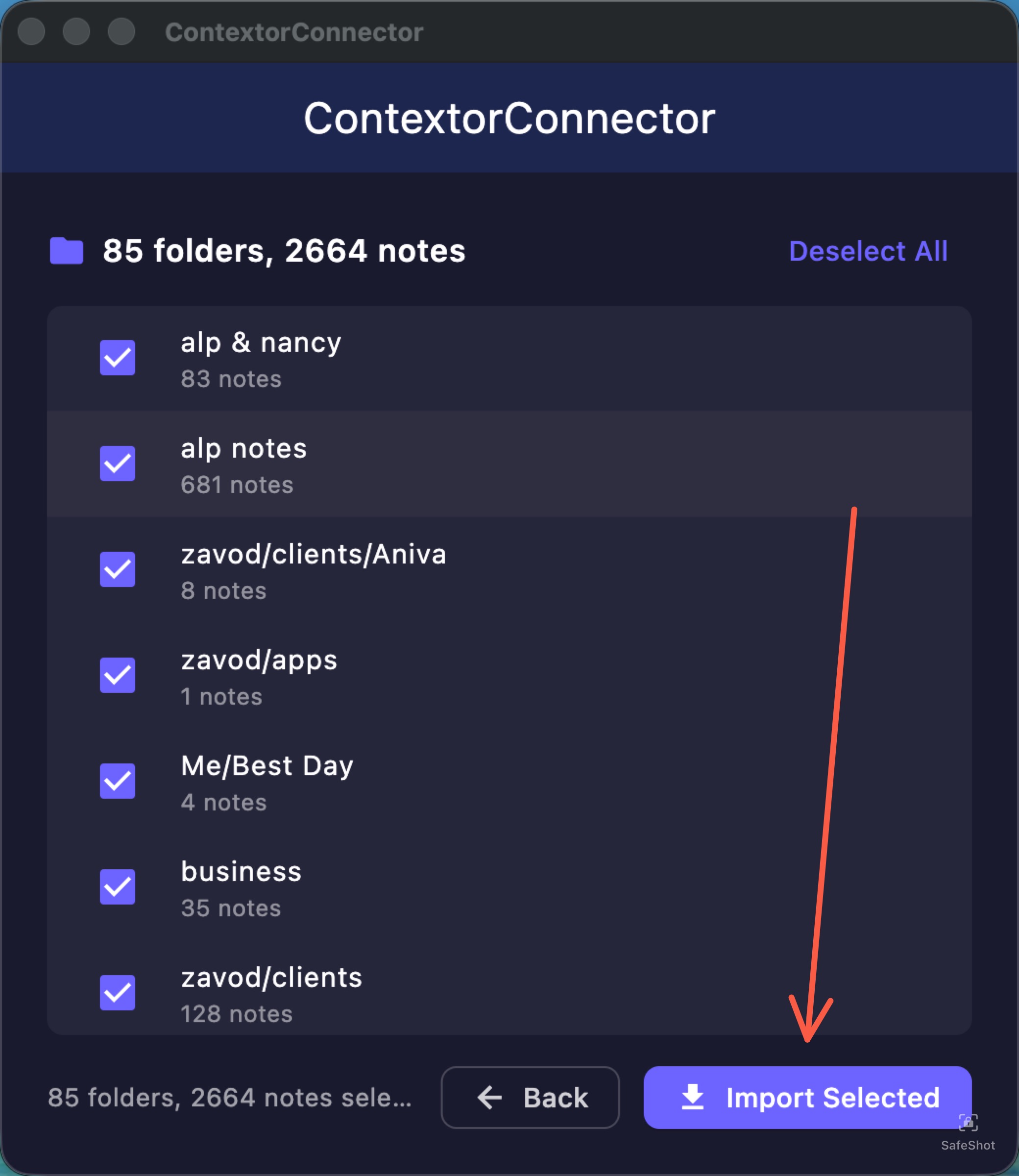 Select folders and click Import Selected